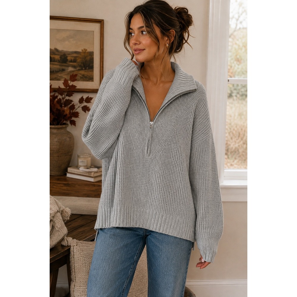 Aerie Womens XL Gray Quarter Zip Waffle Pullover Sweater Oversized Funnel Neck